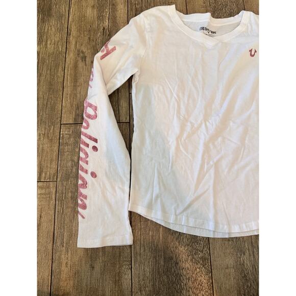 True Religion Girls White Long Sleeve Distorted Logo T-Shirt Size Large - Picture 3 of 7